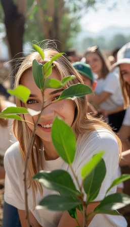 Youthful volunteers planting trees outdoors, digging soil, and engaging in cheerful conversationの素材