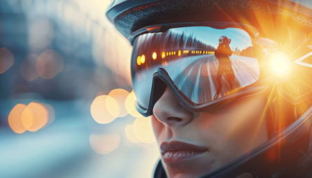 Cyclist s focused eyes in sunglasses, symbolizing concentration in summer olympic sportの素材
