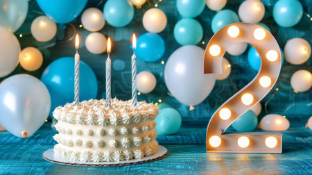 Number two candle on cake with balloons, perfect for birthday or anniversary celebrationの素材