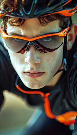 Intense focus  cyclist s eyes through sunglasses at summer olympics, symbolizing concentrationの素材