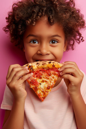 Adorable girl enjoying tasty pizza on soft background, perfect for text, lovely portraitの素材