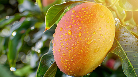 Close up of dewy fresh mango on tree, perfect for banner with ample space for text placementの素材