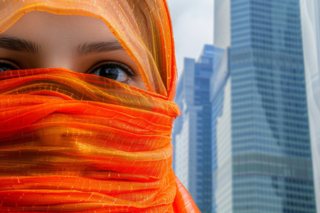 Stylish woman in turban symbolizing diversity and middle eastern health trends in urban settingの素材