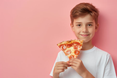 Adorable child enjoying tasty pizza on soft toned background with space for textの素材
