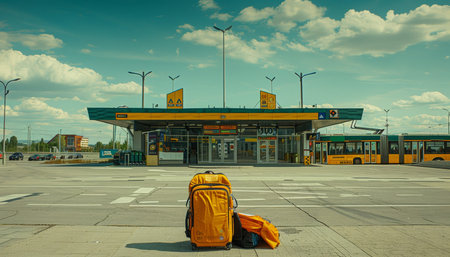Travel suitcase placed by the entrance of a bus station for convenient transportationの素材