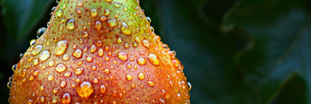 Macro close up of fresh pear fruit with dew drops hanging on tree, wide banner with space for textの素材