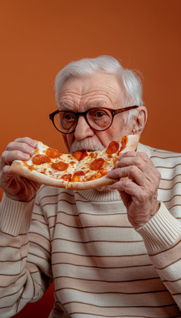 Senior man savoring pizza in vibrant portrait with room for text, ideal for creative designsの素材