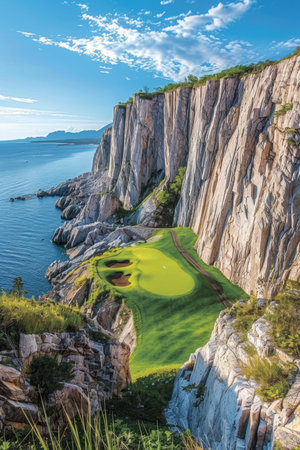 Golf course on white cliffs with iconic rock arches overlooking blue sea in panoramic viewの素材