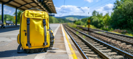 Travel luggage positioned near the entrance of a train station, ready for a journey or adventureの素材