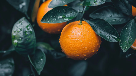 Close up micro shot of fresh orange with water drops on tree, wide banner with copy spaceの素材