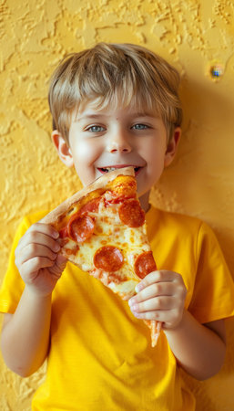 Young boy savoring pizza on gentle backdrop, offering ample space for text placementの素材