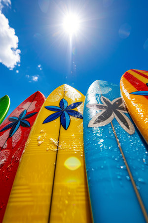 Vibrant surfboard designs under clear blue sky, evoking summer vacation vibes by the seaの素材