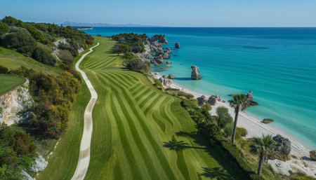 Picturesque golf course on white cliffs with iconic rock arches and stunning ocean vistaの素材