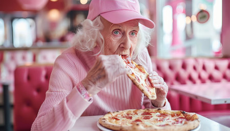 Senior woman savoring pizza against soft backdrop, with space for text   portraitの素材