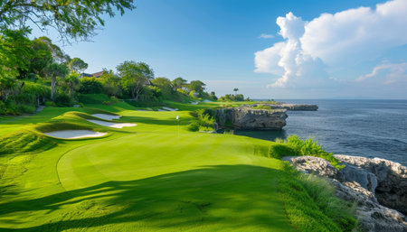 Panoramic golf course on cliffs with sea views and iconic rock arches for a breathtaking experienceの素材