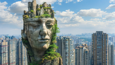 Futuristic eco city  sustainable energy, human head sculpture fusing tech and nature on mountainの素材