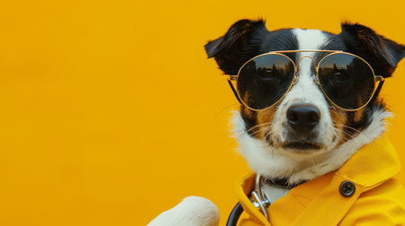 Dog dressed in medical worker uniform on soft gradient background, veterinary conceptの素材