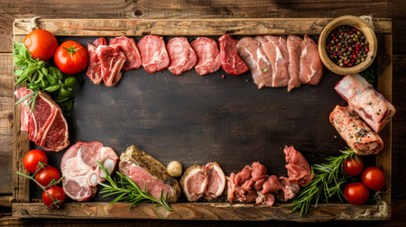 Assorted meat cuts on wooden tray in butcher shop or supermarket with blank price tags wide bannerの素材