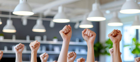 Colleagues celebrating success in modern office with copy space on blurred backgroundの素材