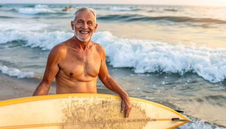 Senior man with surfboard at sunset beach  lifestyle, sport, vacation concept with text spaceの素材