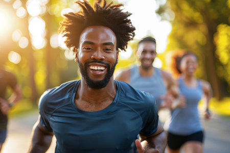Friends in sportswear joyfully running in a park under morning sunlight, healthy lifestyleの素材