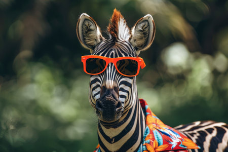 Zebra in trendy orange sunglasses and vibrant hawaiian shirt for a fashionable lookの素材