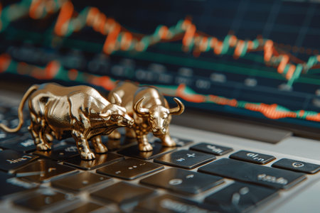 Gold   black bull vsbear stock market infographic award chart with ample space for text placementの素材