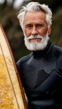 Elderly man with surfboard enjoying sunset on beach  lifestyle, sport, vacation, and travel conceptの素材