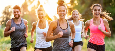 Friends in athletic wear joyfully running outdoors with cityscape backdrop at golden hourの素材