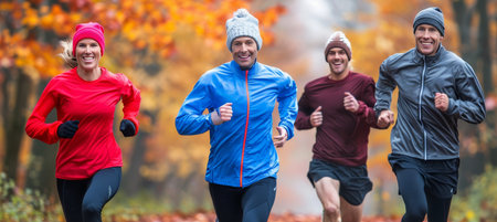 Cheerful friends in sportswear joyfully jogging in a park setting on a sunny morningの素材