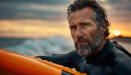 Elderly man with surfboard enjoying sunset on seaside  lifestyle, sport, vacation, travel conceptの素材