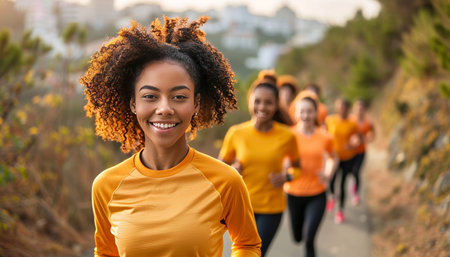 Joyful friends in sportswear running outdoors against urban skyline during golden hourの素材