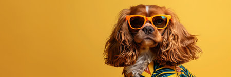 Stylish canine in trendy orange sunglasses and colorful hawaiian shirt for a fashionable lookの素材