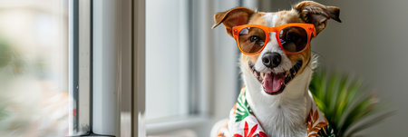 Chic canine showcasing a vibrant hawaiian shirt and fashionable orange sunglassesの素材