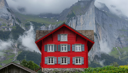Traditional swiss manor  red country house in switzerland surrounded by green grassの素材