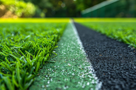 Close up of meticulously maintained grass tennis court in preparation for tournamentの素材