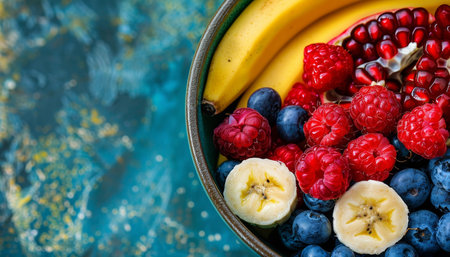 Vibrant tropical fruit salad with papaya, pomegranate, and banana on green backgroundの素材