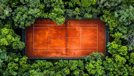 Drone aerial perspective of contemporary minimalist tennis court seen from aboveの素材