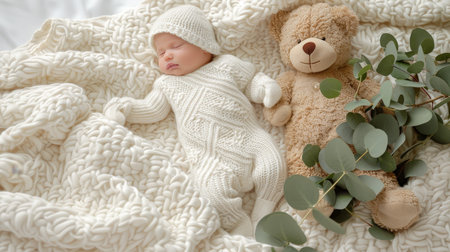 Charming baby bodysuit mockup with teddy bear on ivory blanket for delightful presentationの素材