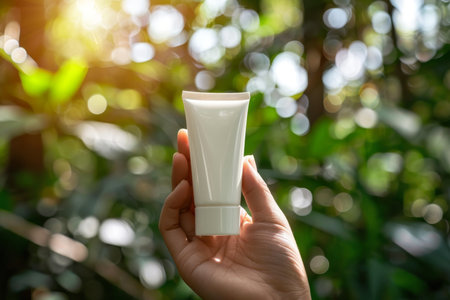 Female hand holding sunscreen lotion bottle for uv protection on blurred background with copy spaceの素材