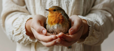 Young girl gently holding a small bird, symbolizing animal protection and care for wildlifeの素材