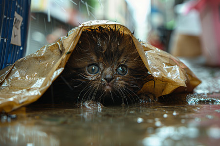 Lonely stray kitten in rainy street seeks pet rescue, adoption, charity assistanceの素材