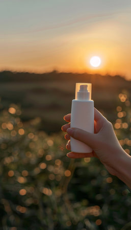 Woman s hand holding sunblock cream bottle for uv protection on blurred background with copy spaceの素材