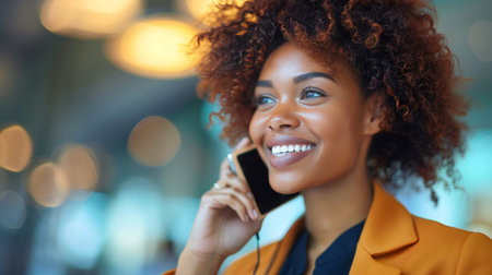 Cheerful businesswoman discussing work on a call with colleague in office settingの素材