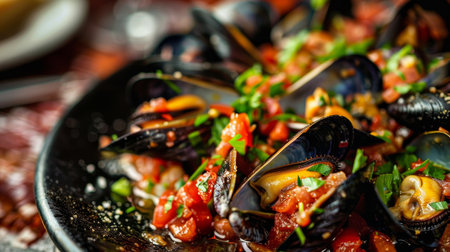 Exquisite traditional mediterranean grilled mussels elegantly served on a sleek black plateの素材