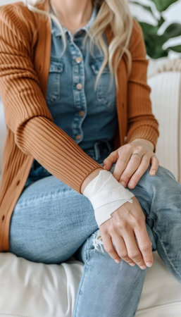 Female with gauze bandage on hand requiring immediate medical attention for an injuryの素材