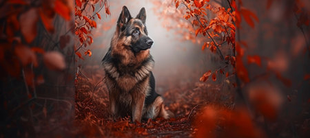 Alert german shepherd puppy  majestic guardian in a field, symbol of loyalty and vigilanceの素材