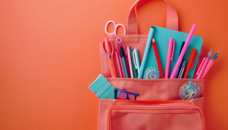 School bag essentials  stationery supplies banner design on orange background with text spaceの素材