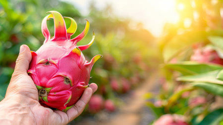 Dragon fruit selection  hand holding fresh fruit with blurred background, space for textの素材