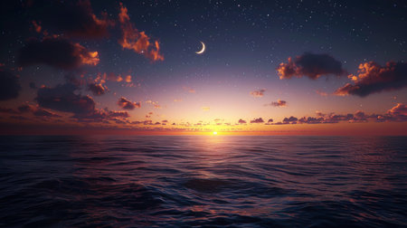 Ramadan spiritual night sky with stars, crescent moon for reflection, gratitude, and inspiration.の素材